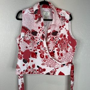 ICE Womens Wrap Top Size 12‎ Red/White Silk Floral Blouse Sleeveless Crop Preppy